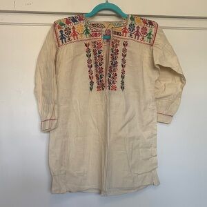 Embroidered Boho Tunic Top in Cream with Multicolor Folk Motif